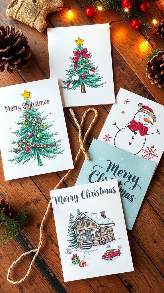 Hand-drawn Christmas cards with festive designs on a wooden table.